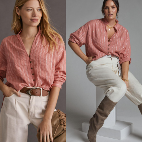 Anthropologie Pilcro The Tavi Top XS Pink Orange Ruffle Button Down Long Sleeve - Picture 1 of 11